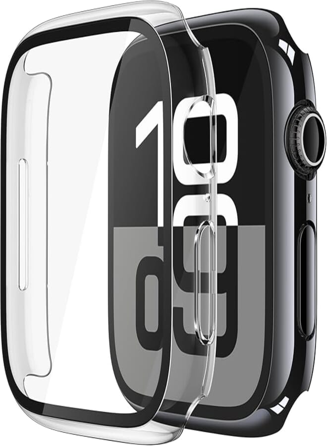 Misxi 2 Pack Tempered Glass Case Compatible for Apple Watch Series 11 (2025) Series 10 46mm, Hard PC Screen Protector Overall Protection Scratch-Resistant Cover for iWatch, 1 Jet Black + 1 Transparent
